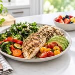 A balanced healthy meal with vegetables, whole grains, protein, fruit, and water