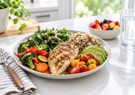 A balanced healthy meal with vegetables, whole grains, protein, fruit, and water