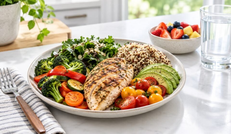 A balanced healthy meal with vegetables, whole grains, protein, fruit, and water