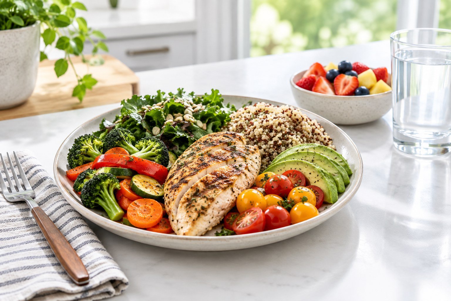 A balanced healthy meal with vegetables, whole grains, protein, fruit, and water