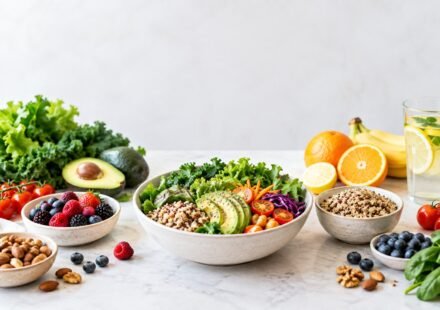 Colorful healthy foods including salad, fruits, vegetables, nuts, and lemon water