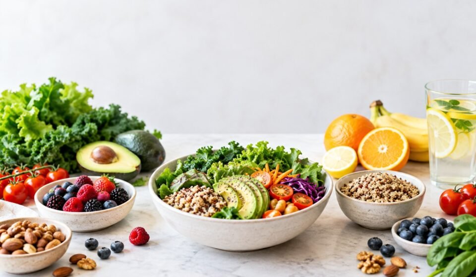 Colorful healthy foods including salad, fruits, vegetables, nuts, and lemon water