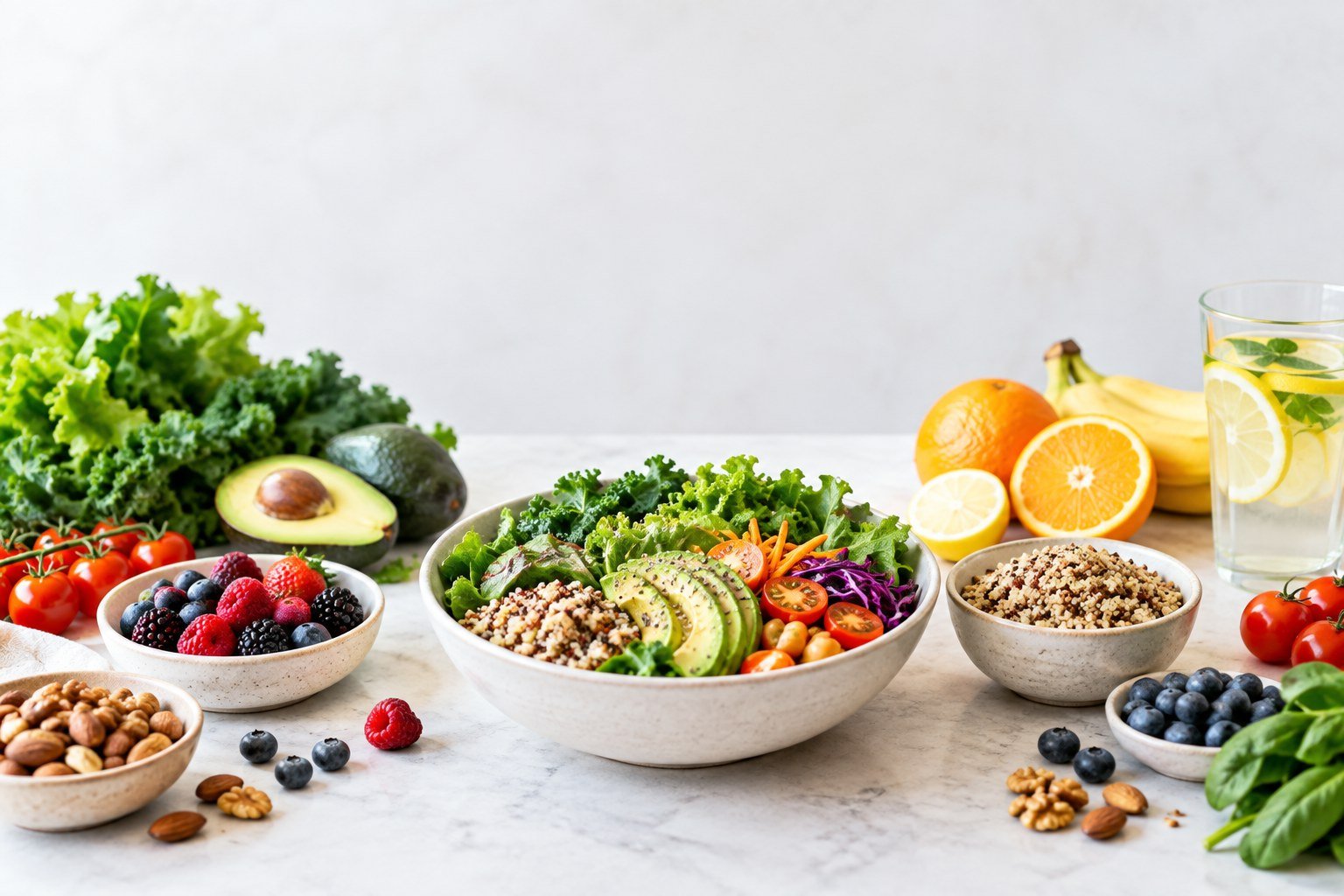 Colorful healthy foods including salad, fruits, vegetables, nuts, and lemon water