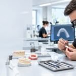 Dental technician working on dentures in a modern dental laboratory