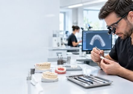 Dental technician working on dentures in a modern dental laboratory