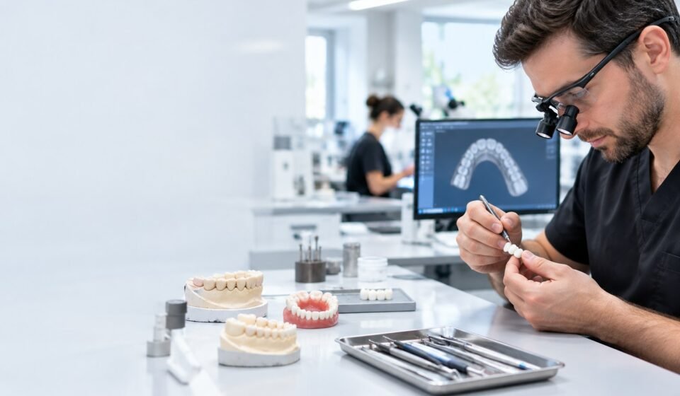 Dental technician working on dentures in a modern dental laboratory