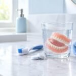 Dentures soaking in water beside a denture brush and cleaning tablets