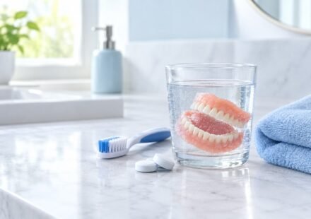 Dentures soaking in water beside a denture brush and cleaning tablets