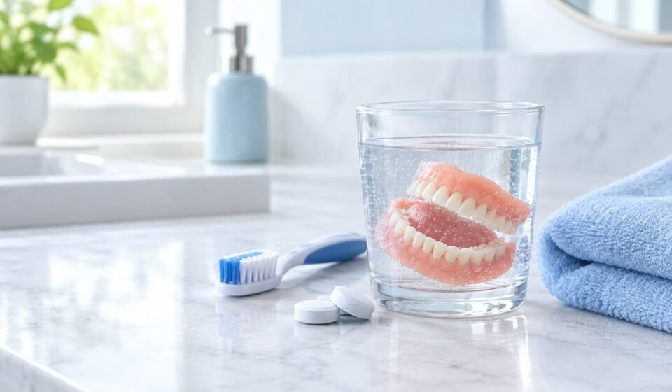 Dentures soaking in water beside a denture brush and cleaning tablets